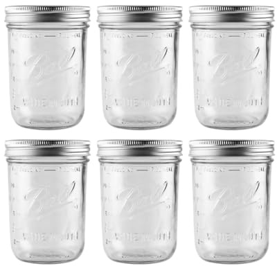 Ball - 16 oz Wide Mouth Glass Mason Jars | 6 Pack Jars with Airtight Lids | Large Glass Jar for Food Storage with Lids | Ideal for Canning, Fermentation, Pickling, Kombucha Brewing