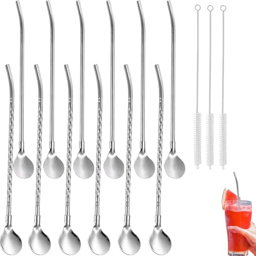 YUNYU Juego de 12 cucharas de paja de acero inoxidable con 3 cepillos de limpieza, 304 pajitas de cuchara inoxidables para batidos, batidos, cócteles y latte macchiato