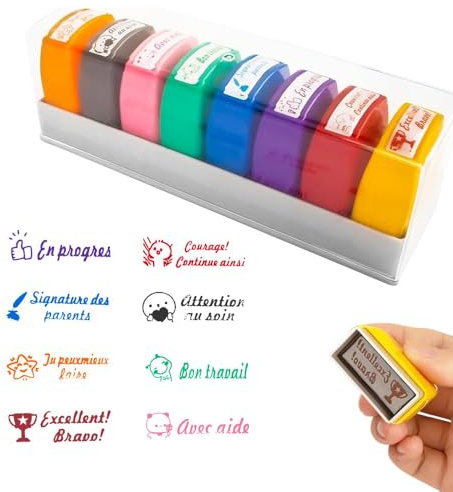 RNPKZ Tampon Encreur Enseignant Français, Lot de 8 Tampon Encreur pour Enfant,Tampons Auto Encreur TamponEnseignant Maternelle Cadeau pour Professeur Tampons Ecole avec Boîte pour Encourager Élèves(A)