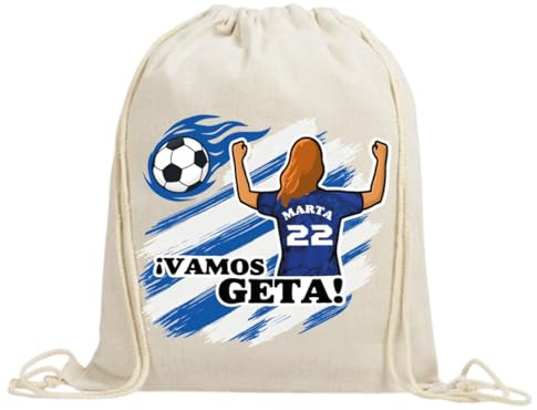 xulisimo Mochila saco personalizada para equipos de fútbol en algodón orgánico, con nombre, dorsal, género y pelo, ligera y resistente hasta 9 kg, ideal para niños y adultos (Getafe, Chica)