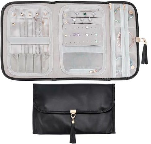 PH PandaHall Estuche organizador de joyas de viaje, plegable, rollo de joyas, de cuero, organizador de anillos, bolsas de almacenamiento, soporte portátil para pulseras para mujeres, regalo de viaje