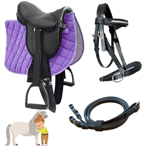 My Sweet Pony® Kinder Shetty Sattel-Set Purple Love + Trense + Zügel | für Pony Shetty und Holzpferd | Alles enthalten | Komplett-Set | Ideal für erste Reitversuche | Sattel DIN geprüft