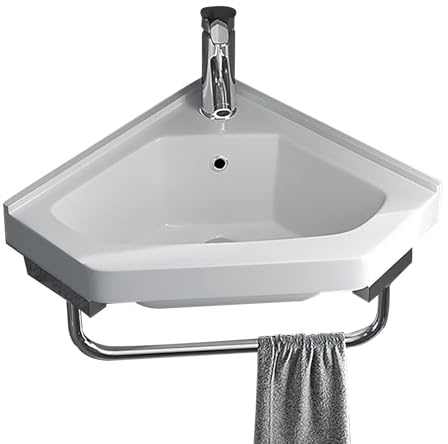 Fregadero de baño de esquina pequeño para montaje en pared, moderno fregadero con grifo de drenaje toallero, lavabo de cerámica blanca triangular con grifo y desbordamiento