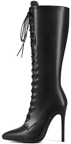 Veelau Meieer Botas de tacón alto con cordones para mujer, con punta puntiaguda, aspecto sexy para fiestas y clubes, Poliuretano negro., 39 EU