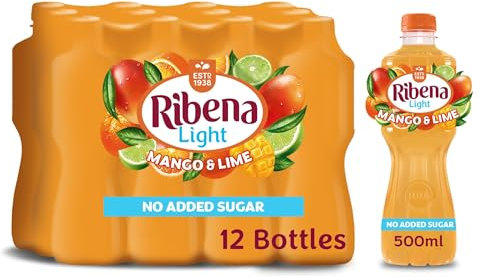 Ribena Mango and Lime Juice Drink No Added Sugar 500ml - Multipack of 12 | Real Fruit | Rich In Vitamin C | No Artificial Colours or Flavours | Tropical Refreshment | Ready To Drink | 100% Recycled