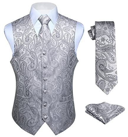 HISDERN Chaleco y corbata de jacquard floral paisley clasico para hombre y traje de chaleco cuadrado de bolsillo gris L