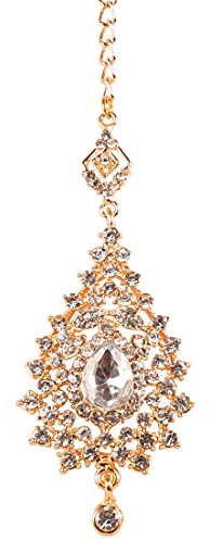 Touchstone indisk Bollywood Traditionell Filigran Attraktiv Bröllopssvit Rhinestone Dubbade Look Designer Smycken Mangtika Head Accessoar i guld ton för kvinnor.