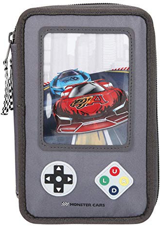 Depesche 11075 Monster Cars - Gefüllte 3-fach Federtasche mit LED im Gamer Design, Federmappe ca. 7,5 x 13 x 20 cm groß, mit Filz- und Buntstiften, Lineal, Schere, Kleber, uvm.