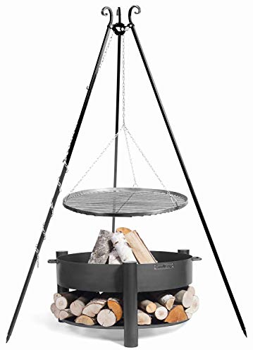 JS Garten Deko Set: Dreibein H 180 cm mit Grillrost Ø 70 cm aus Rohstahl + Feuerschale Montana Ø 80 cm Grillen Schwenkgrill CookKing