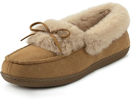 RockDove Women's Faux Fur Lined Microsuede Moccasin Slipper, 9, Tan