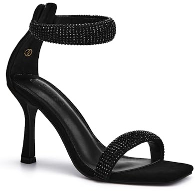 Coutgo Womens Rhinestone High Heels Sandals Ankle Strap Open Square Toe Sexy Stiletto Pumps Evening Party Dress Shoes