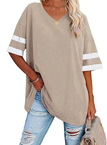 Voopptaw Women's Baggy Short Sleeve T Shirts Striped Half Sleeve V Neck Comfy Cotton Loose Tunic BlouseTops Beige XL