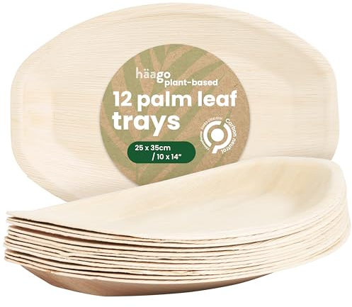 HAAGO 12 Grandes Bandejas Desechables de Hoja de Palma 35×25 cm - Bandejas de Servir Ovales - Compostables y Biodegradables - Robustas, Aptas para Microondas y Congelador
