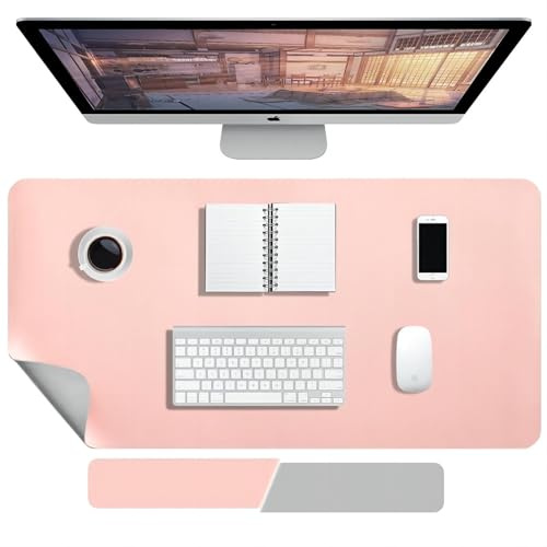 Skrivbordsunderlägg – 90 x 40 cm dubbelsidig skrivbordsmatta i PU-läder stor musmatta, bordsunderlägg, skrivbord, skrivbordsmatta, vattentät bottenfärg, för kontor och hem (rosa ljusgrå)