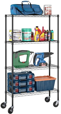 Furinno Wayar 4-stufiges Regalwagen aus Metall mit Rollen, 91 x 36 x 158 cm, Schwarz