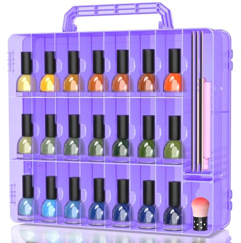 SUBAY Portable Nail Polish Organizer, Clear Double Side Nail Polish Holder,Gel Nail Storage for 48 Bottles with 6 Adjustable Dividers in Each Side Space Saver, Purple