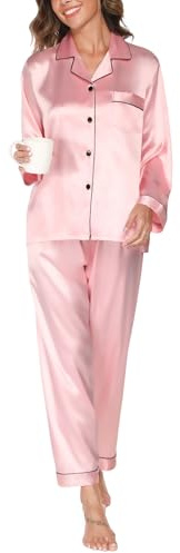 Reliwel Ensemble de pyjama pour femme en satin de soie à manches longues boutonné - Pyjamas pour dames en soie deux pièces pour femmes - Ensembles de vêtements de nuit décontractés pour le printemps