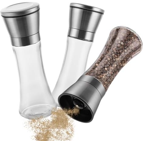 LDHHYH Salz und Pfeffermühle 3er Set, 200ml Pfeffer und Salzmühle mit verstellbarem Keramik, Salzmühle Gewürzmühle Edelstahl Set, Salzmühle Glas, Salz Pfeffermühle Groß für Pfeffer, Salz, Gewürze