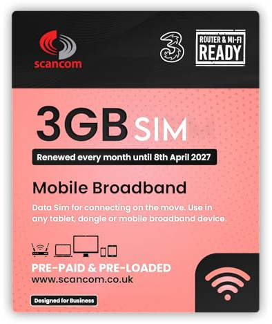 Three 3GB Data SIM - Uncapped 5G - Preloaded MONTHLY Until April 2027 - Plug & Play for IoT Devices - Access to Three & Vodafone - Connects to the Strongest Signal available