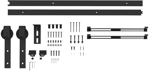 HOMCOM Set di raccordi per porte scorrevoli, 183 cm, completo di binari, rotelle, dispositivi anti-salto, fermaporta, guida a pavimento, sistema di porte scorrevoli in acciaio al carbonio nero