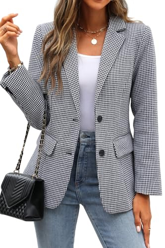 ELLEVEN Womens Casual Plaid Blazer Lapel Collar Double Button Long Sleeve Boyfriend Blazer Suit Houndstooth Plaid Blazer Jacket Business Work Office Blazer Suits Black Houndstooth X-Large