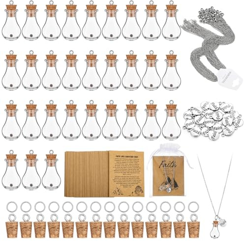 Teenyyou 30 Pcs Mustard Seed Necklace Christian Charms Gifts Faith Necklace Includes 0.5ml Tiny Glass Bottles with Cork and Cards for Woman Church Baptism, Not Include Seeds (Cute)