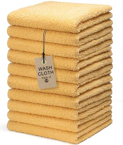 Textila Terry Wash Cloths – Pack of 10, Warm Yellow, 12x12 Inches – Soft, Absorbent & Multipurpose Cotton Washcloths for Face, Hand, Bath, Kitchen, Spa, Gym & Hotel Use