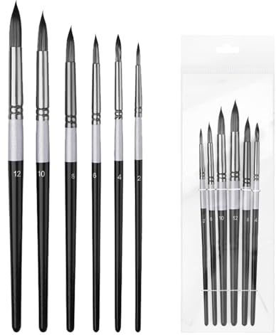Circular Pointed Brushes Watercolour Brush for Artists a Set of 6 Pieces for Acrylic, Oil Painting, and Watercolor Paintings-Premium Nylon Wool(Black Silver)