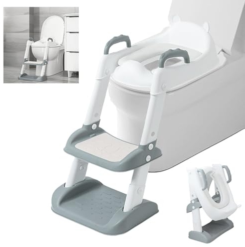 Adaptador Wc Niños, Inodoro Asiento Infantil Plegable 2 en 1 con Escalera Antideslizante, Reductor Entrenamiento Bebé Portatil, Adaptadro Baño para Niños Ajustable Para Forma de V, U, O (Gris)