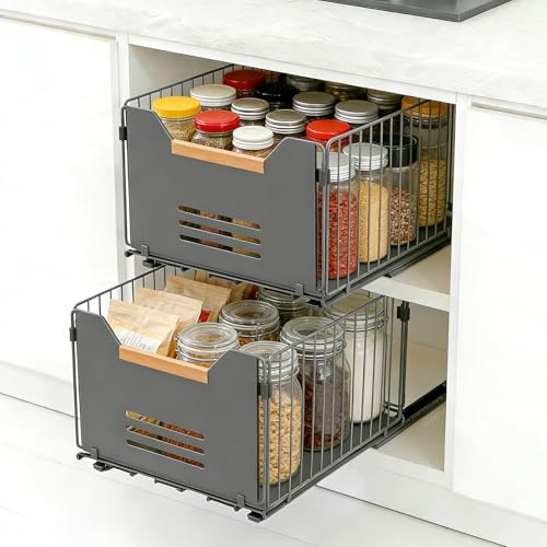 Romon Cassetto Estraibile Cucina, Set da 2 Organizzatori Armadio con Maniglie in Legno, Nero, 37,5x24,5x19 cm, Adatto per Cucina, Bagno e Salotto