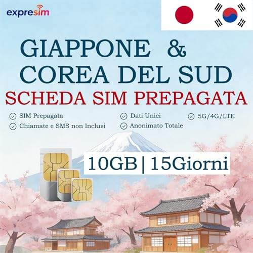 Scheda SIM Prepagata Giappone e Corea del Sud - 10GB per 15 Giorni | Solo Dati, Senza Contratto né Registrazione | 5G/4G Alta Velocità | Anonimato Completo