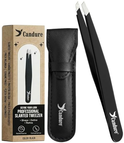 Candure Professional Slanted Tweezers for Men and Women – Precision Stainless Steel Tweezer for Brow, Chin, Facial Hair, Ingrown Hair & Plucking with Leather Pouch (Black)