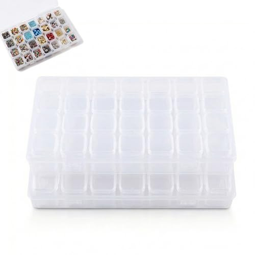 Autotide 2 Pcs Diamond Painting Storage Box, 28 Grids Diamond Art Storage Case Clear Bead Storage Organiser Plastic Diamond Art Case for Beads Jewellery Nail Art DIY Crafts
