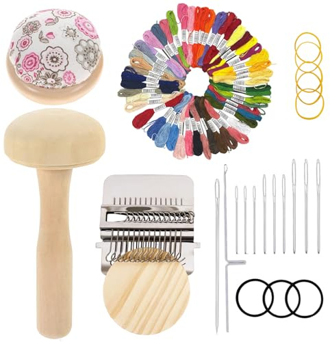 GAESHOW Darning Loom Machine, Small Darning Loom Weaving Loom, Mini Weaving Repair Tool Kit with Mushroom, Speedweve Type Tool, 11 Hooks, 50 Colour Threads, Darning Kit, Weaving Loom for Adults