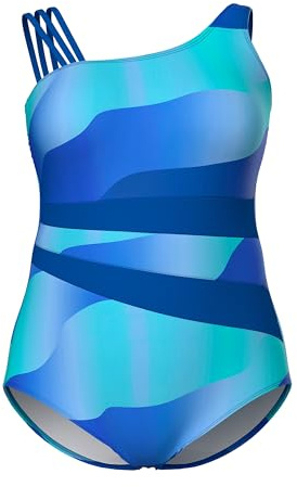 Ulla Popken Costume da Bagno con Onde, Coppe morbide, Spallina Decorativa e Materiale Riciclato Blu Reale 52 852312750-52