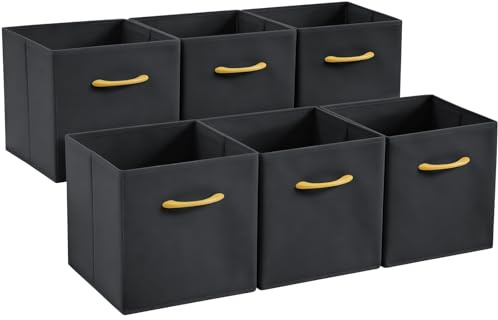 Collapsible Fabric Storage Cubes, Pack of 6 Foldable Boxes with Handles | Dark Gray 33 x 38 x 33 cm | Non-Woven Fabric | Open-Top Cube Shelf Baskets For Wardrobes, Toys, Clothes & Nursery