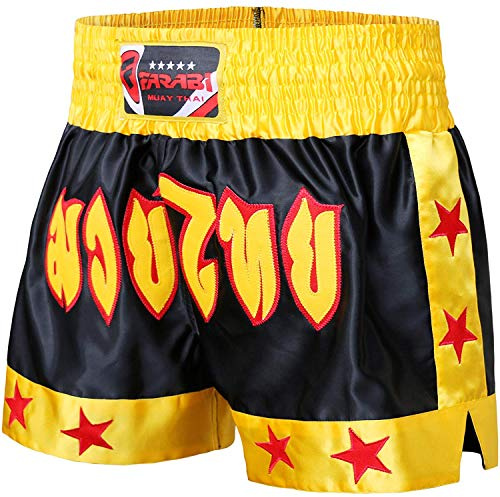 Farabi Sports Muay Thai Shorts - Pantaloncini da Boxe Pantaloncini da Combattimento in Gabbia per MMA, Kickboxing, Allenamento, Esercizio (IT, Testo, S, Regular, Regular, Black/Yellow)