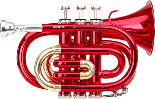 Classic Cantabile Brass TT-400 Trompeta De Bolsillo Bb (latón, diámetro de campana: 93 mm, calibre: 11,8 mm, afinación: B, incluye estuche ligero, boquilla, paño de limpieza, guantes) roja
