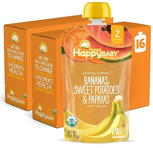 Happy Baby Organics Clearly Crafted Stage 2 Baby Food, Bananas, Sweet Potatoes & Papayas, 4 Ounce Pouch (Pack of 16) packaging may vary
