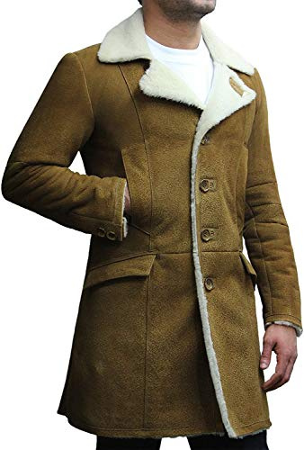 BRANDSLOCK Mens Real Shearling Sheepskin Leather Warm Duffle Trench Merino Coat (XXL, Tan)