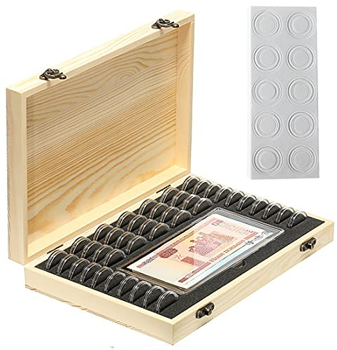Litensh Wooden Coin Holder Case, Coin Collection Box with 40 Round Coin Capsules, 100 Cash Banknotes Display Case, Plastic Coin Organizer for Coin Collectors 18mm/21mm/25mm/27mm/30mm