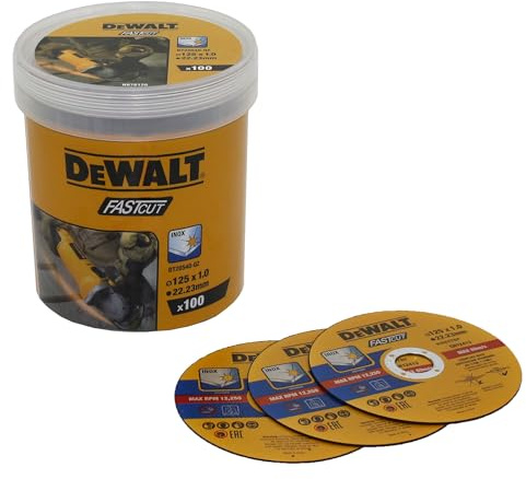 Dewalt High Performance Trennscheiben DT20540 (Ø 125mm x 1,0mm, Typ 41 (flach), Bohrung 22,23 mm, für Inox-Stahl, mit Aluminiumoxid, für den Einsatz auf Winkelschleifern, 100 Stück im Eimer)