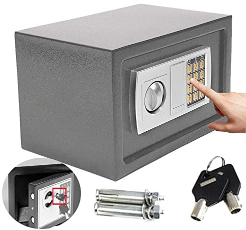 Coffre-fort numérique de 8,5 l - Petite boîte de sécurité électronique avec code PIN et clé - Ignifuge et étanche - Pour bijoux et argent liquide, avec 2 clés de secours - Coffre-fort mural en acier -