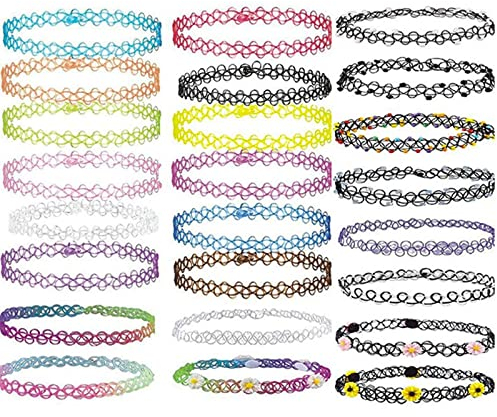 24 Piezas Collar de Tatuaje,Tattoo Choker Elástico,Choker Collar de Caucho Estiramiento Gótico Tatuaje Henna Elástico Collar de Ahogador Conjunto