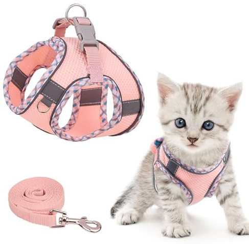 Brifit Katzengeschirr, Katzengeschirr mit Leine Ausbruchsicher, Softgeschirr für Katze mit Reflektierenden Streifen, Verstellbar Katzenweste, Cat Harness [Rosa, XXS] Anwendbares Gewicht: 2-3kg