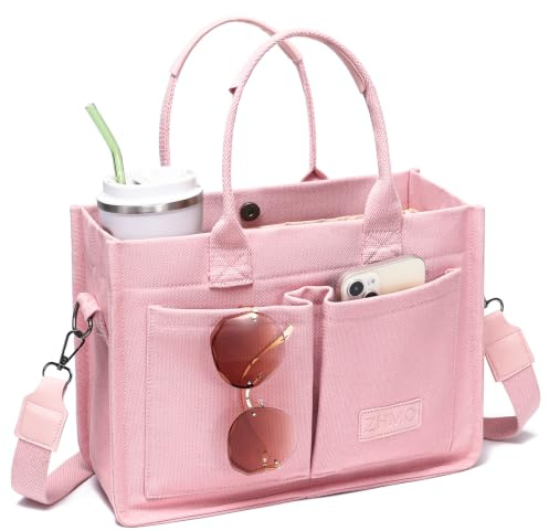 ZHMO Canvas Tote Bag for Women With Compartments and Pockets,Pink Women's Bags Crossbody Bags Work Laptop Tote Bag Large Satchels Handbag Tote Purse Everyday Shoulder Bag for Travel Nurse Teacher Gift