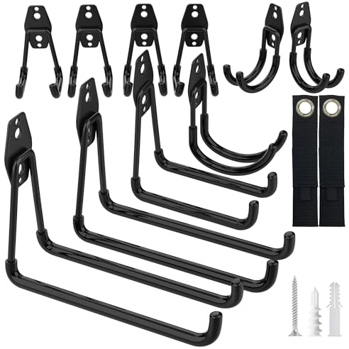 Kitmiido Steel Garage Storage Hooks - 12 Pack Anti-Slip Coating, Heavy Duty Wall Mount Hooks for Hanging Bike, Ladder, Garden Tools (Black)