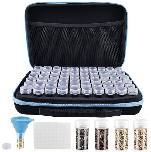 WIYETY Diamond Painting Aufbewahrungsbox: 60 Slots Diamond Painting Koffer, Diamond Painting Zubehör mit Reißverschluss Tasche und Label Aufkleber für Samen, Schmuck,Strass, Perlen, DIY Handwerk