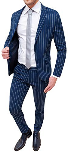 Evoga Abito Completo Uomo Sartoriale Smoking Vestito Elegante Formale Cerimonia (48, Blu Gessato A Righe)