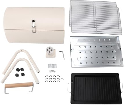 Grill à Charbon de Bois en Baril, Barbecue à Charbon Portable Double Face avec Zone de Grille de Cuisson pour L'extérieur, le Patio et les Fêtes (Blanc avec plaque à pâtisserie)
